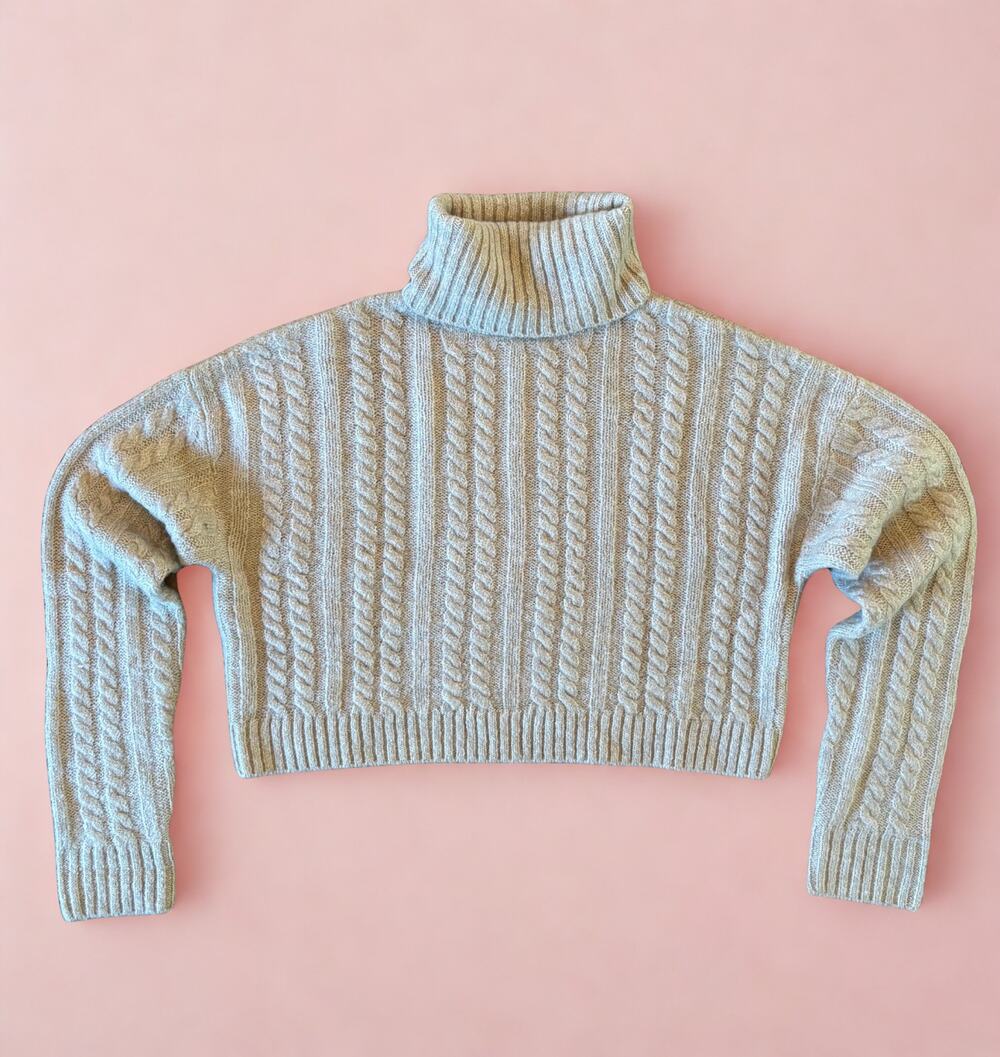 JONDIE Cable Knit Turtleneck Cropped Sweater | Beige | Women’s Small | Boxy Fit